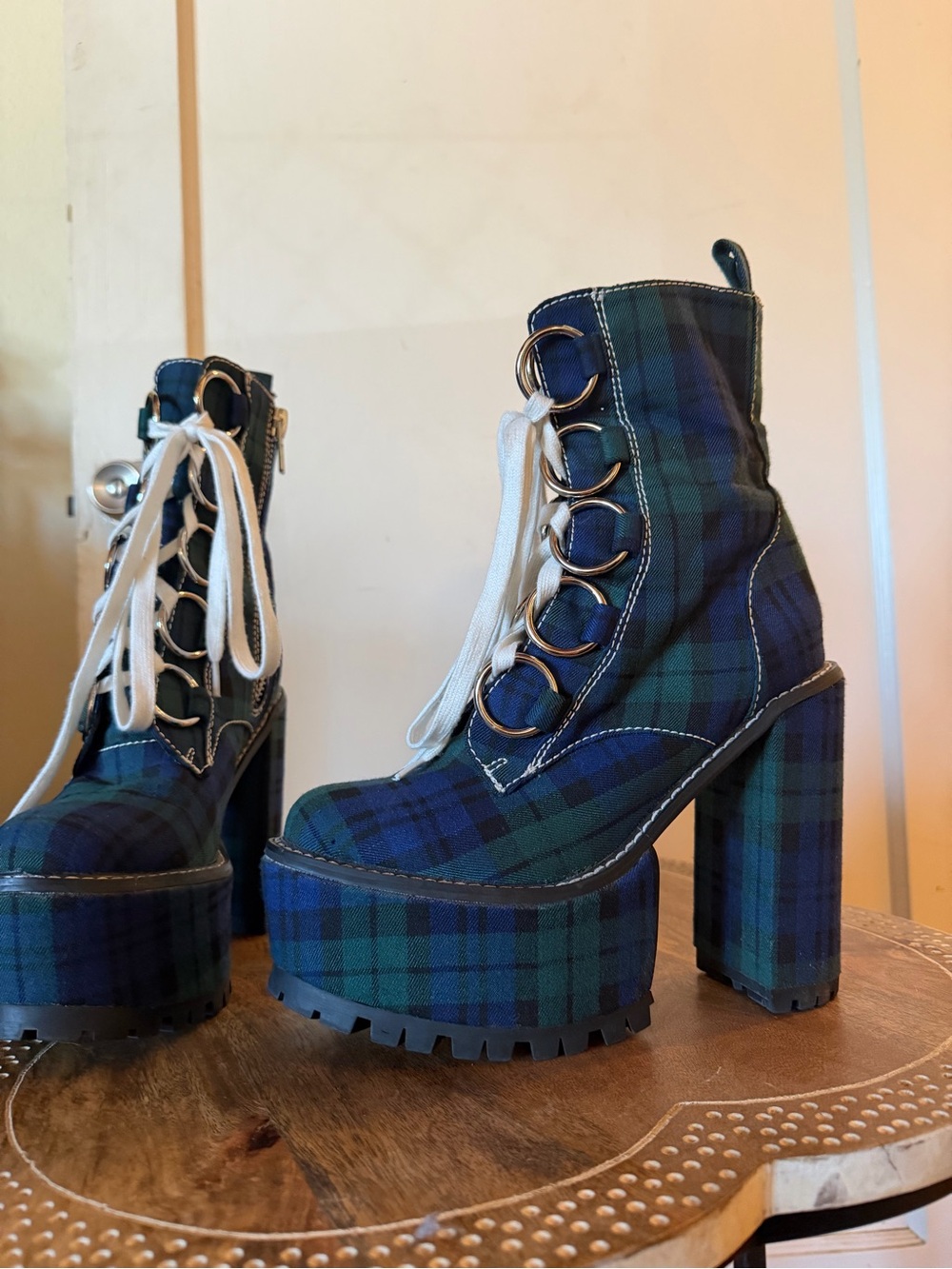 Dolls Kill Current Mood Sikk Nancy Tartan Plaid Platform Ankle O-Ring Boots - Picture 10 of 15